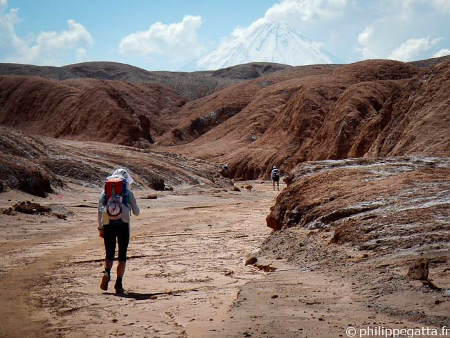 Anna in the last Canyon, Licancabur Volcano in the background (© P. Gatta)